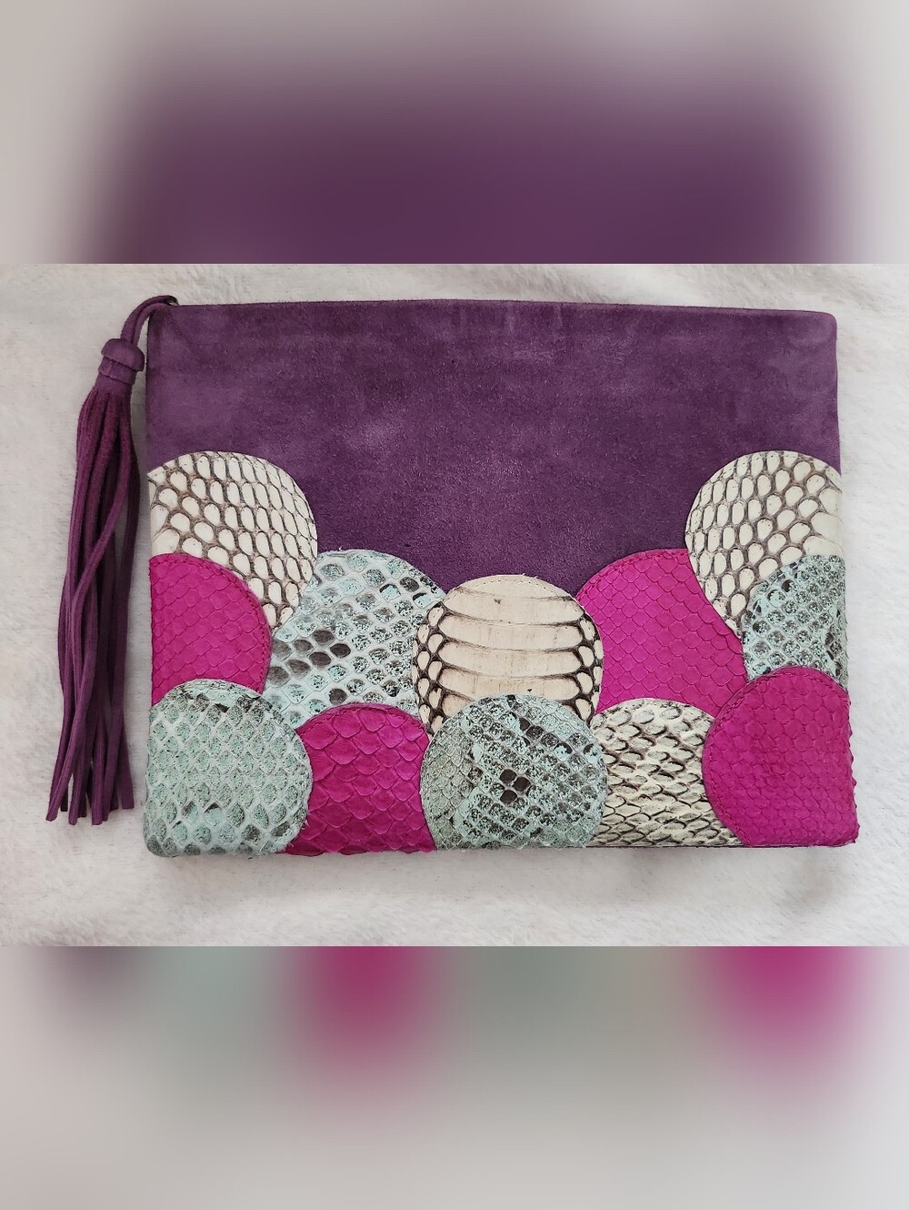 Vintage Mimsy Purple Suede Clutch Bag Patchwork Python Snakeskin Leather Tassel